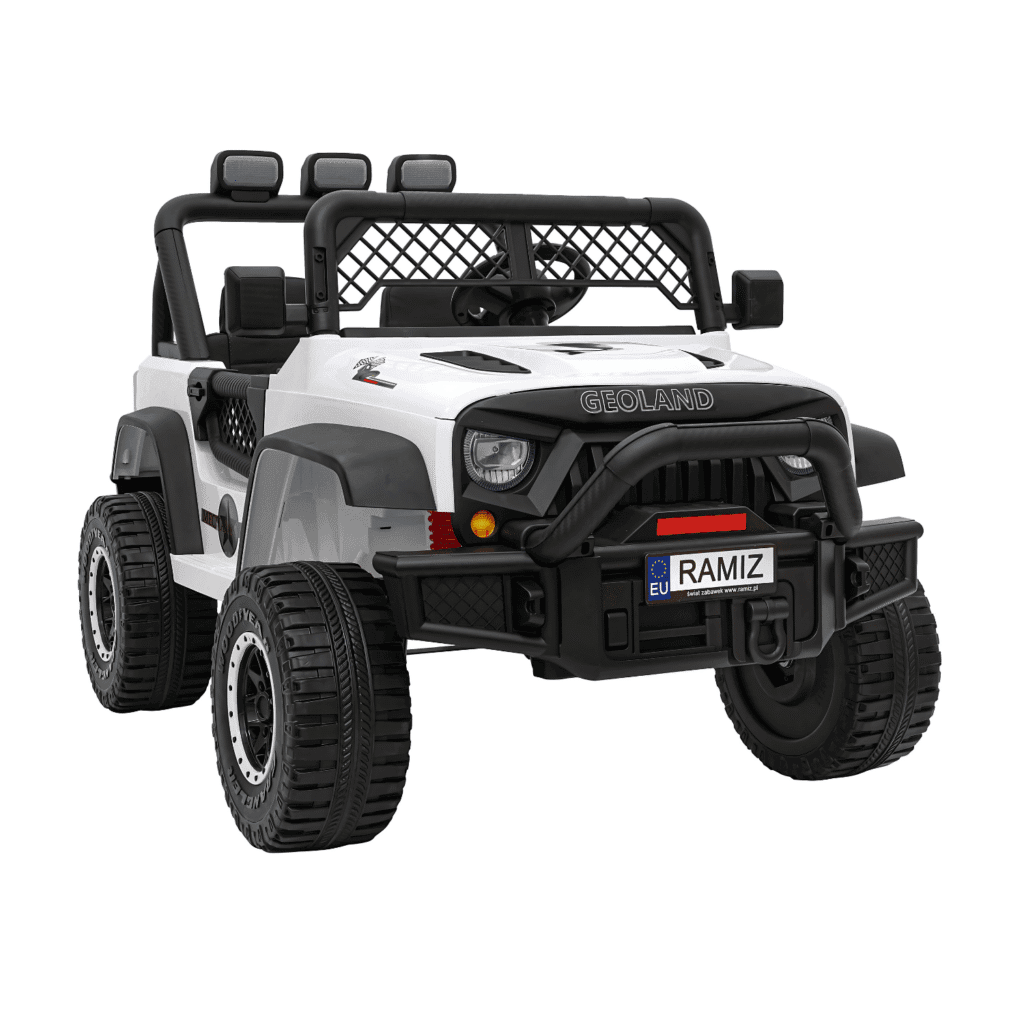 autko terenowe geoland power dla 2 dzieci bialy pilot silniki 2x200w bagaznik radio mp3 led