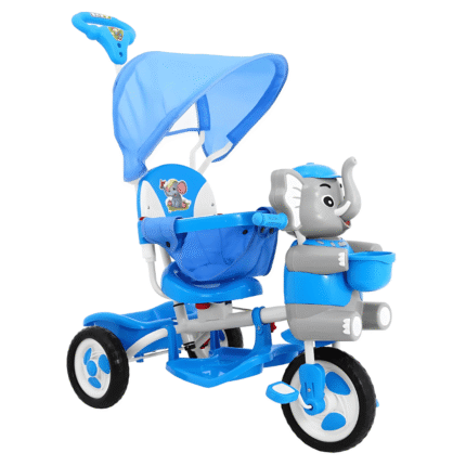 3-kołowy Rowerek dla dzieci Słonik Niebieski + Dźwięki + Daszek + Barierka + Podnóżek + Rączka + Schowek